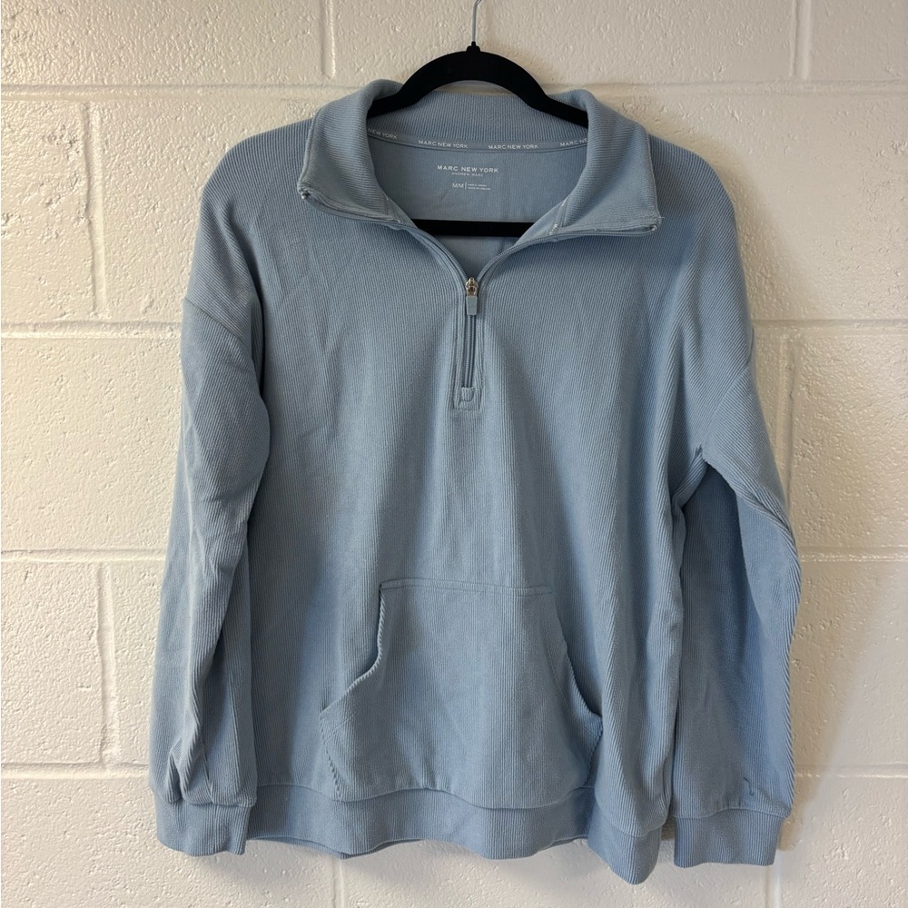 Marc New York Ribbed Quarter Zip Pullover Blue | Kangaroo Pocket | Size M